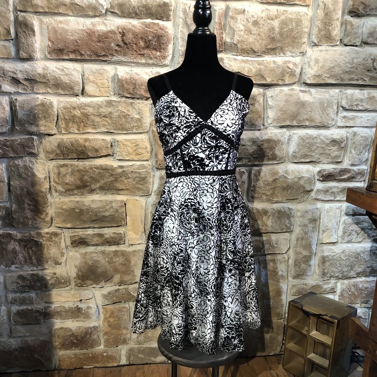 Aqua Black and White Flocked Floral Party Dress, Size M