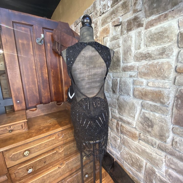 Adrianna Papell Black Beaded and Sequined Sheath, Size 10