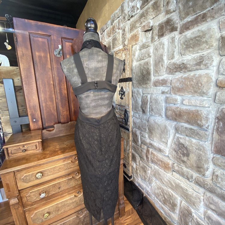 Fame and Partners Black Lace Midi Paneled Dress, Size 8