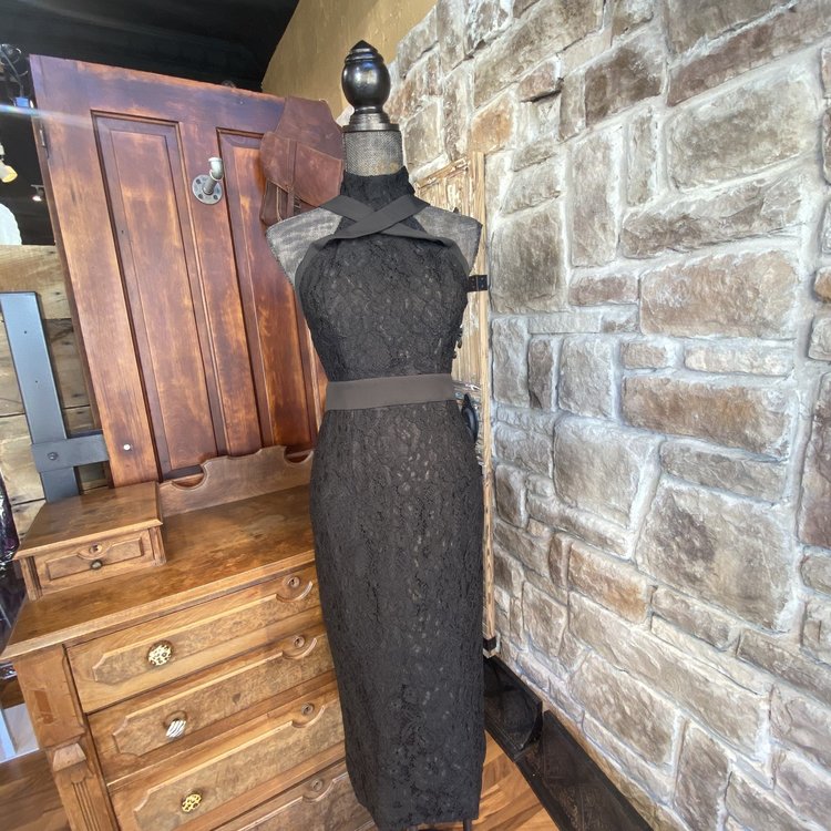 Fame and Partners Black Lace Midi Paneled Dress, Size 8