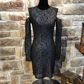 Aqua Black Metallic Lace Cold Shoulder Party Dress, Size M