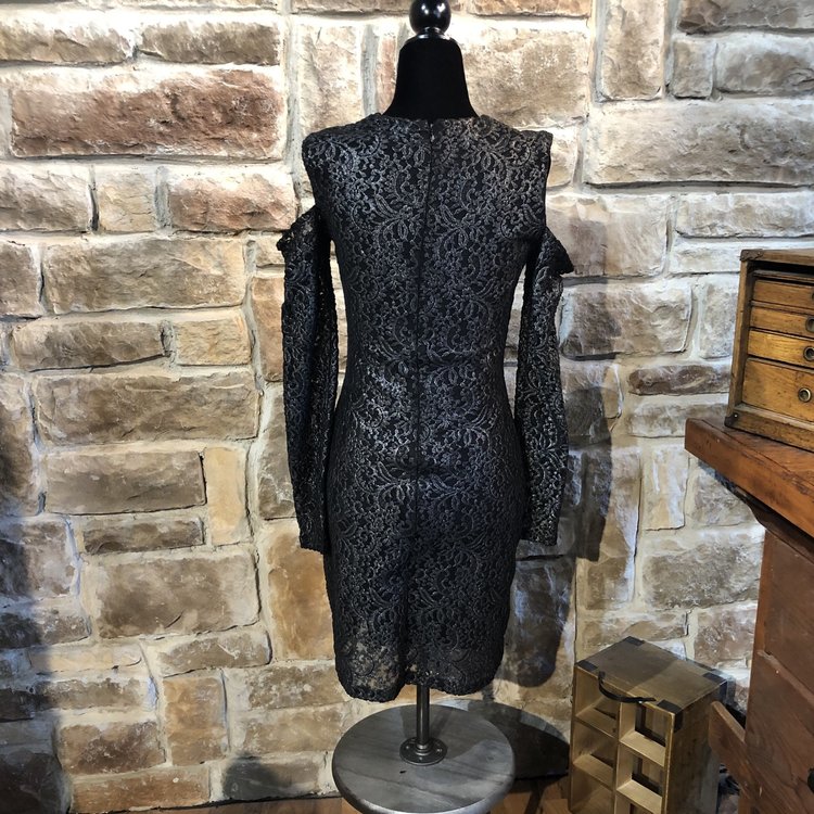 Aqua Black Metallic Lace Cold Shoulder Party Dress, Size M