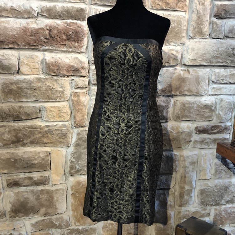 Aidan Mattox Gold and Black Strapless Dress, Size 8
