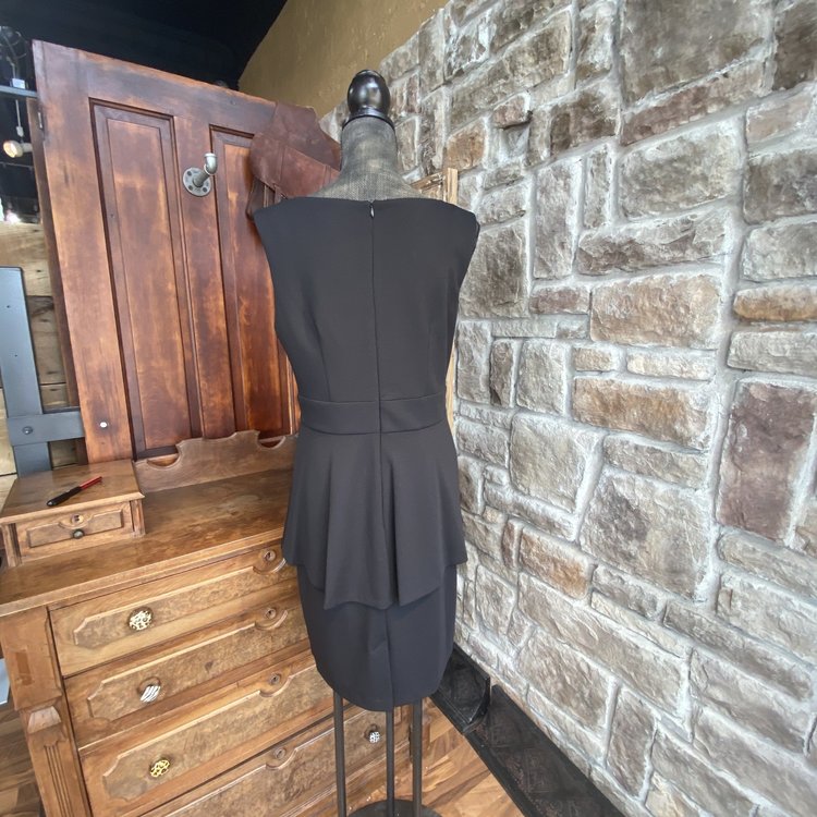 Connected Apparel Black & Gold Beaded Sheath Dress w/ Flare Detail, Size M