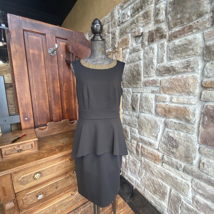 Connected Apparel Black & Gold Beaded Sheath Dress w/ Flare Detail, Size M