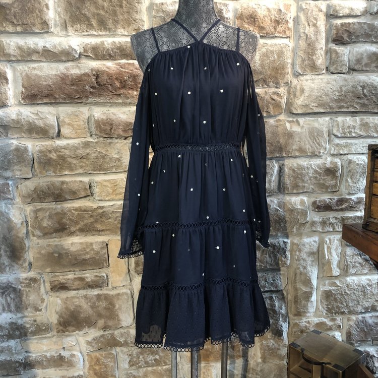 Aqua Metallic Dot Cold Shoulder Navy/Gold, Size L