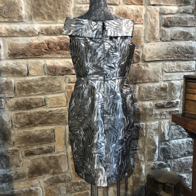 Calvin Klein Silver Off-Shoulder Sheath, Size L