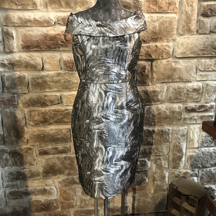 Calvin Klein Silver Off-Shoulder Sheath, Size L