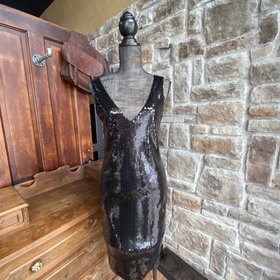 Aqua Black Sequined Double V-Neck Dress, Size L