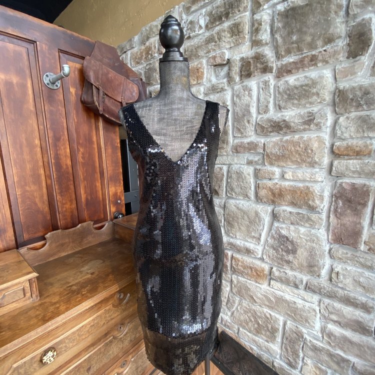 Aqua Black Sequined Double V-Neck Dress, Size L