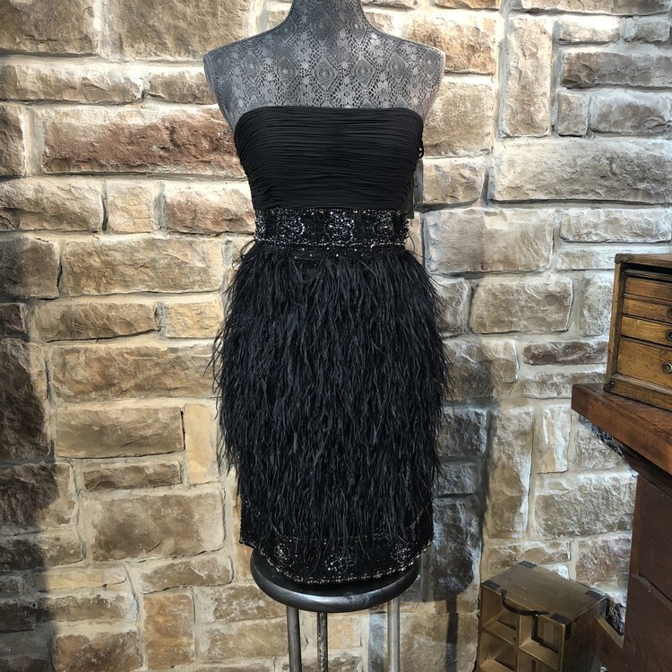 Sue Wong Black Beaded Feather Dress, Size 12