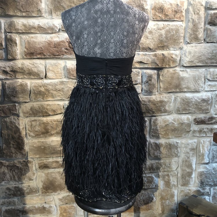 Sue Wong Black Beaded Feather Dress, Size 12