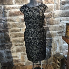 Vera Wang Black Lace Floral Print Dress, Size 14