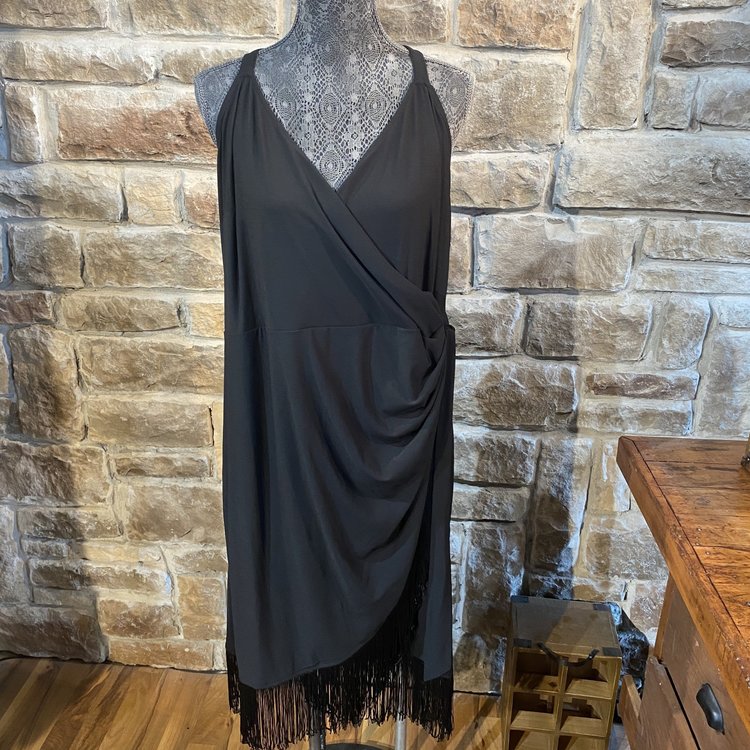 INC Black Wrap Dress with Fringe, Size 2X