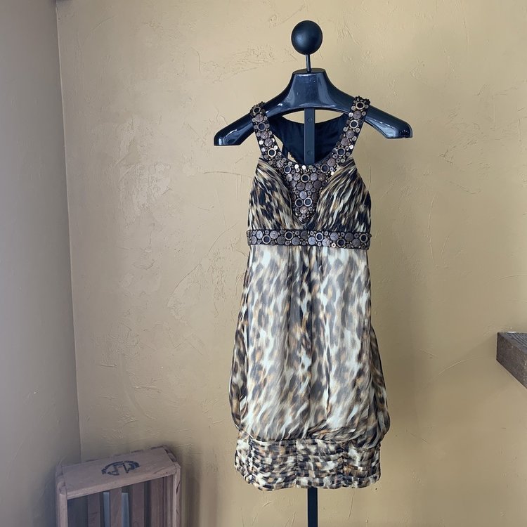 Sue Wong Leopard Print Beaded Dress, Size 4