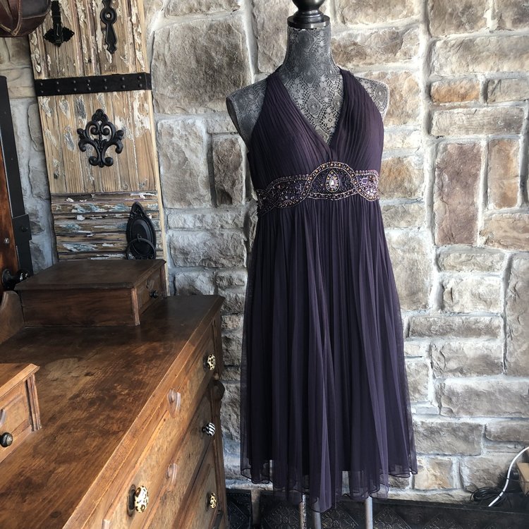 Sue Wong Purple Halter Top Beaded Cocktail Dress, Size 14