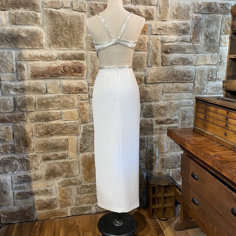 Precious Formals White Embellished Gown with Cutout Sides, Size 6