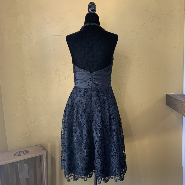 Aidan Mattox Black Halter Fit and Flare with Lace, Size 4