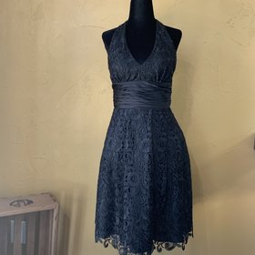 Aidan Mattox Black Halter Fit and Flare with Lace, Size 4