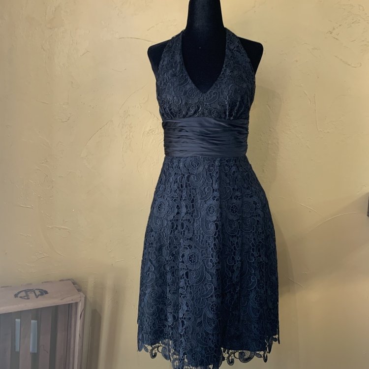 Aidan Mattox Black Halter Fit and Flare with Lace, Size 4