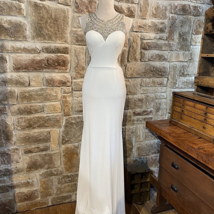 Jovani White Embellished Illusion Gown, Size 2