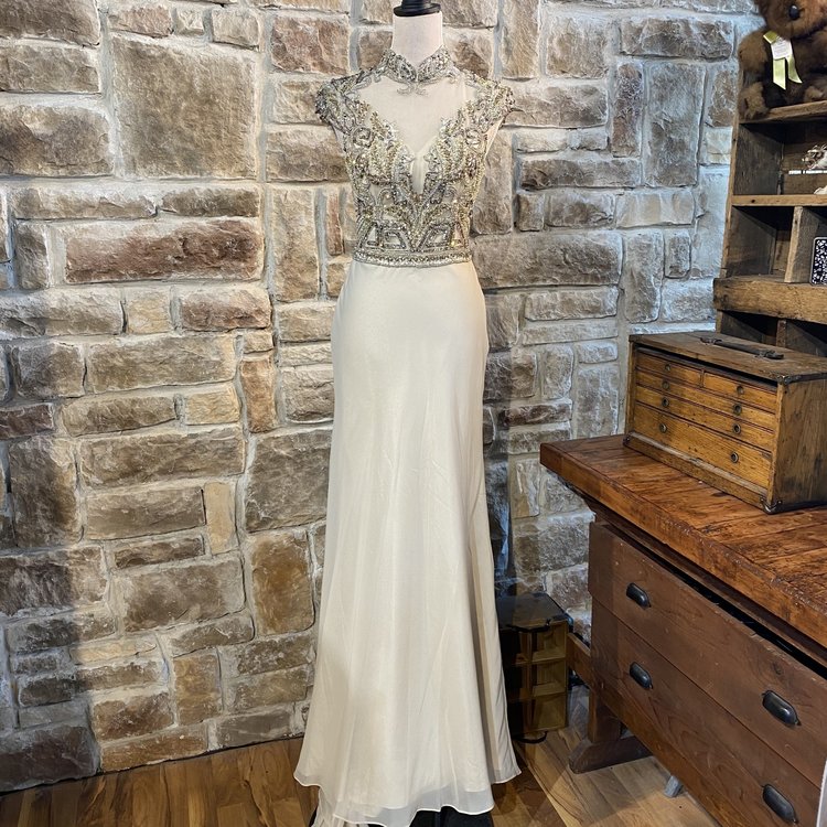 Terani Beige Chiffon Embellished Evening Gown, Size 4