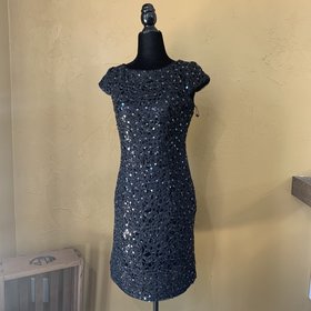 Adrianna Papell Black Lace Sequin Sheath with Cap Sleeve, Size 6