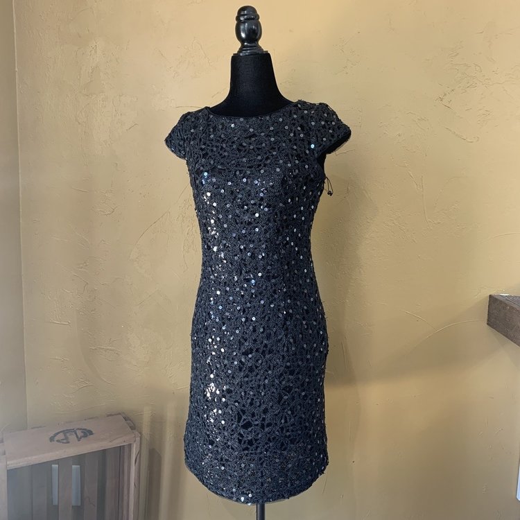 Adrianna Papell Black Lace Sequin Sheath with Cap Sleeve, Size 6
