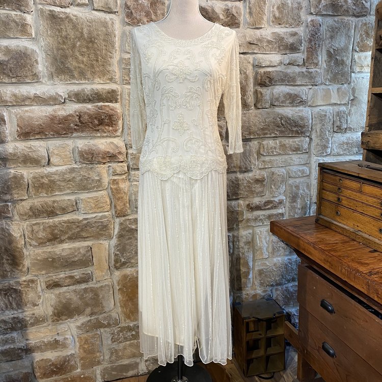 Pisarro Nights Ivory Beaded Illusion Top Gown, Size 6