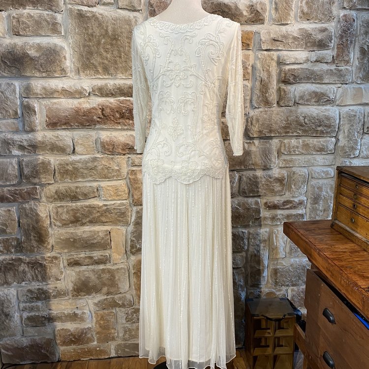 Pisarro Nights Ivory Beaded Illusion Top Gown, Size 6
