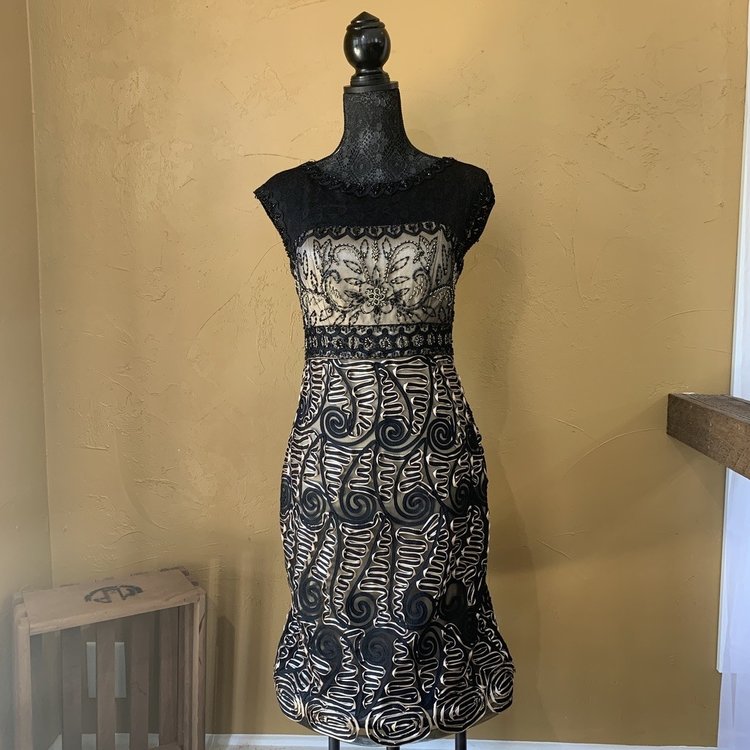 Sue Wong Black and Tan Lace & Soutache Cocktail Dress, Size 8