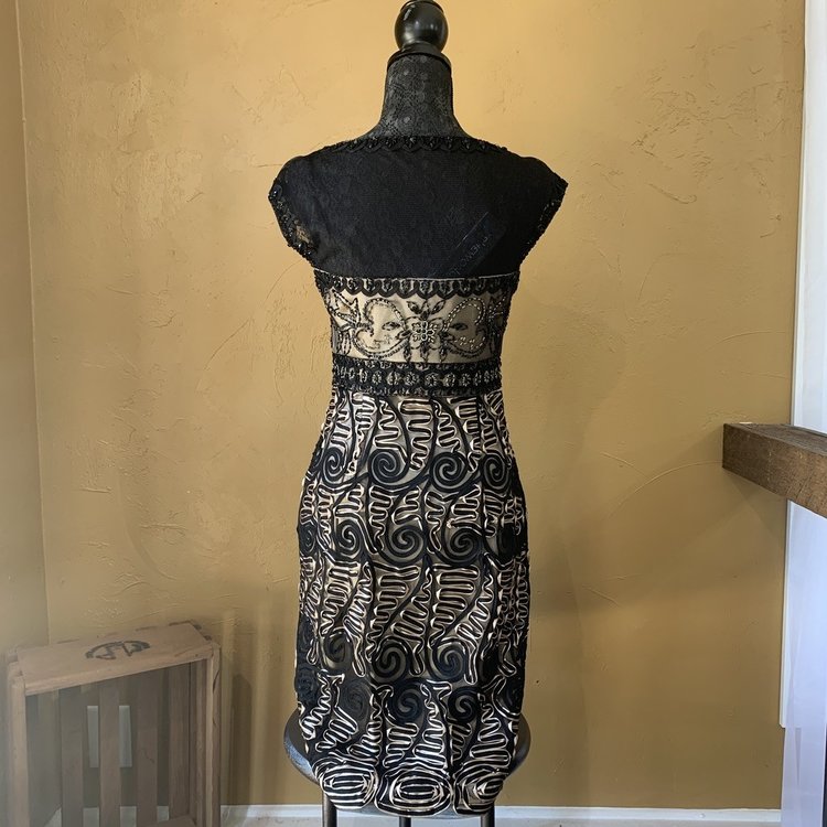 Sue Wong Black and Tan Lace & Soutache Cocktail Dress, Size 8