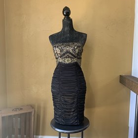 Sue Wong Black and Tan Ruched Strapless Dress, Size 6
