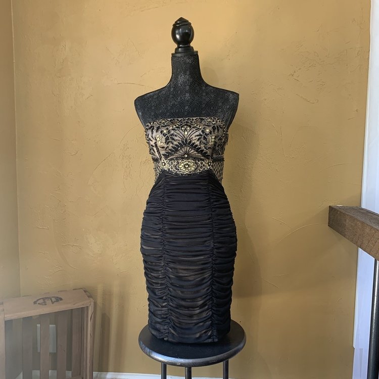 Sue Wong Black and Tan Ruched Strapless Dress, Size 6