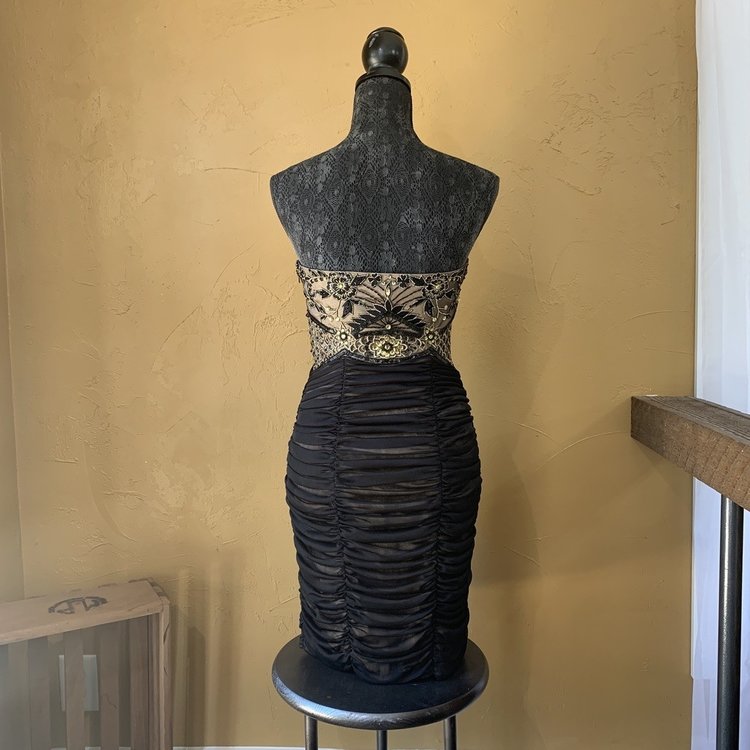 Sue Wong Black and Tan Ruched Strapless Dress, Size 6