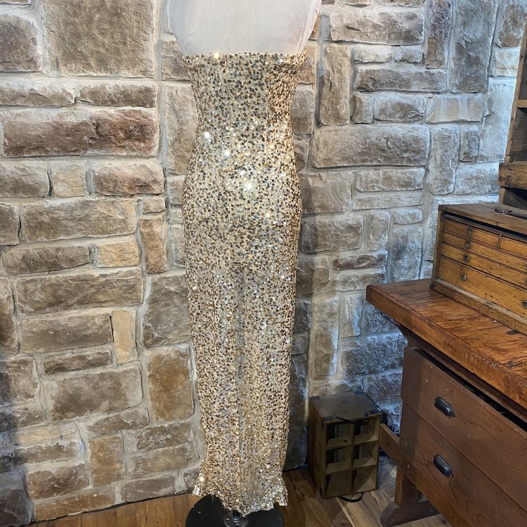 Red Clover Gold Sequin Strapless Gown, Size S