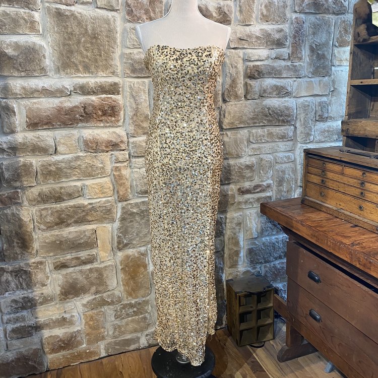 Red Clover Gold Sequin Strapless Gown, Size S