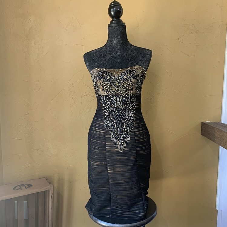 Sue Wong Black and Nude Strapless Embellished Dress, Size 4