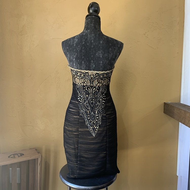 Sue Wong Black and Nude Strapless Embellished Dress, Size 4