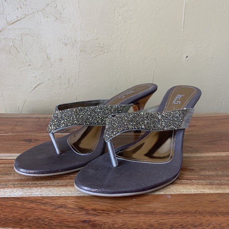 Bronze Beaded Heeled Sandal, Size 9