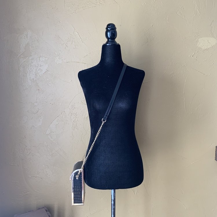 Like Dreams Black and Gold  Croc Embossed Shoulder Bag