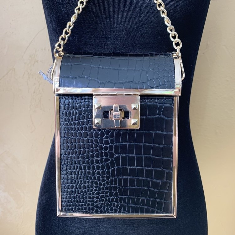 Like Dreams Black and Gold  Croc Embossed Shoulder Bag