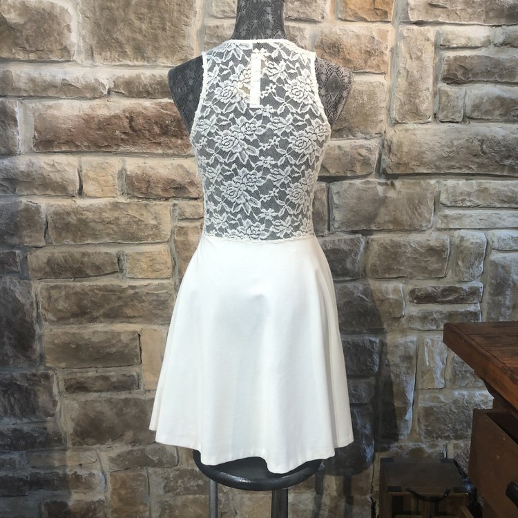 Aqua White Skater Dress with Lace Plunge, Size L