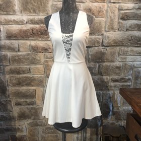 Aqua White Skater Dress with Lace Plunge, Size L