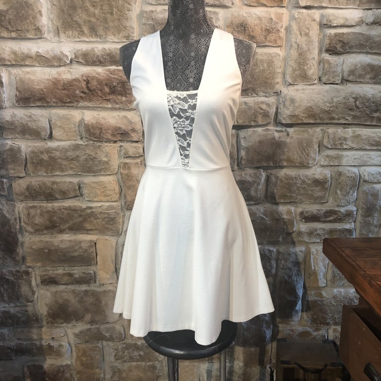 Aqua White Skater Dress with Lace Plunge, Size L