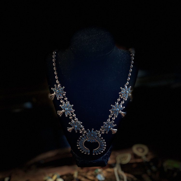 Faux Turquoise Squash Blossom Necklace