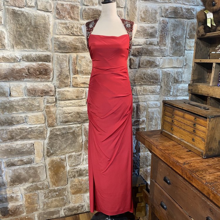 Nicole Miller Deep Red Beaded and Embellished Gown, Size S