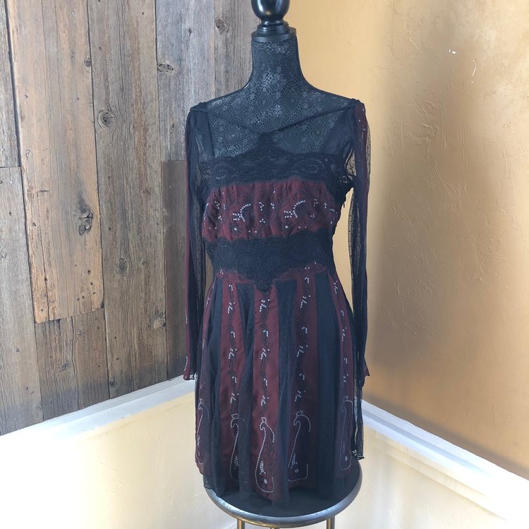 Free People Black & Maroon Crepe and Lace Dress, Size 10