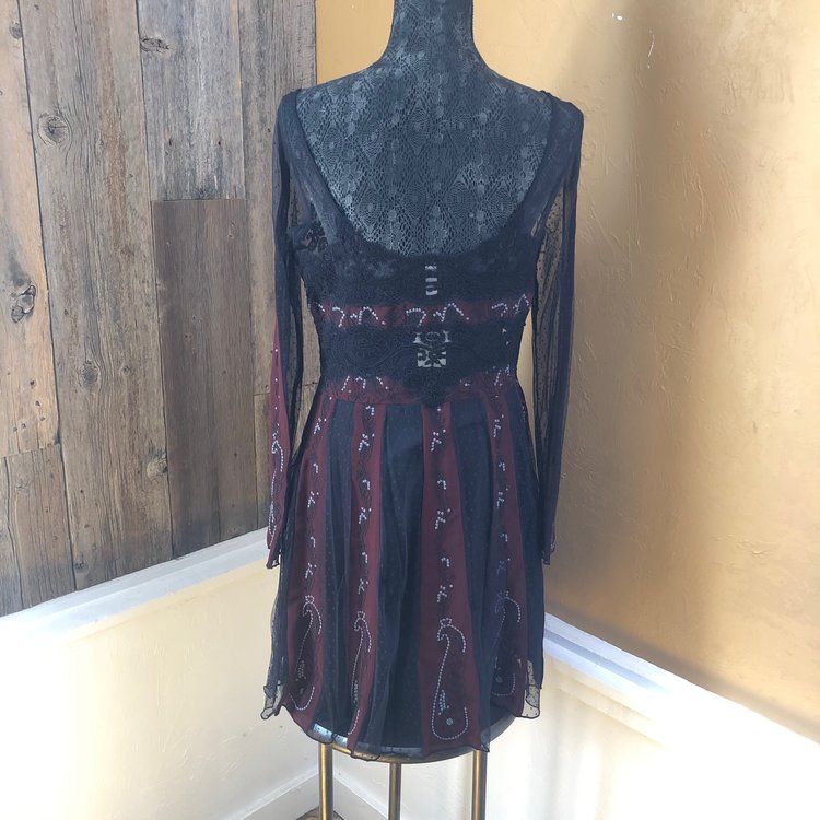 Free People Black & Maroon Crepe and Lace Dress, Size 10
