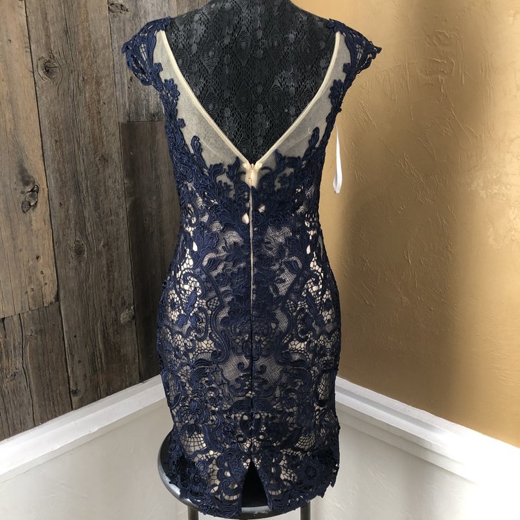 Jovani Navy Blue Lace with Nude Underlay, Size 8